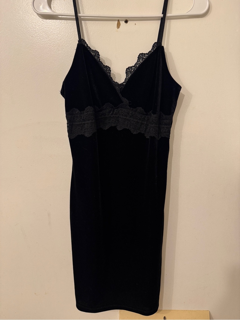 Black Lace Trim Velvet Mini Dress S